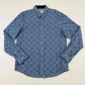 John Lennon blue jacquard check button down stretch cotton mens shirt Large
